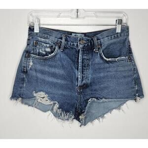 AGOLDE Shorts Womens 25 Distressed Denim High Rise Raw Hem Button Fly A026E-811